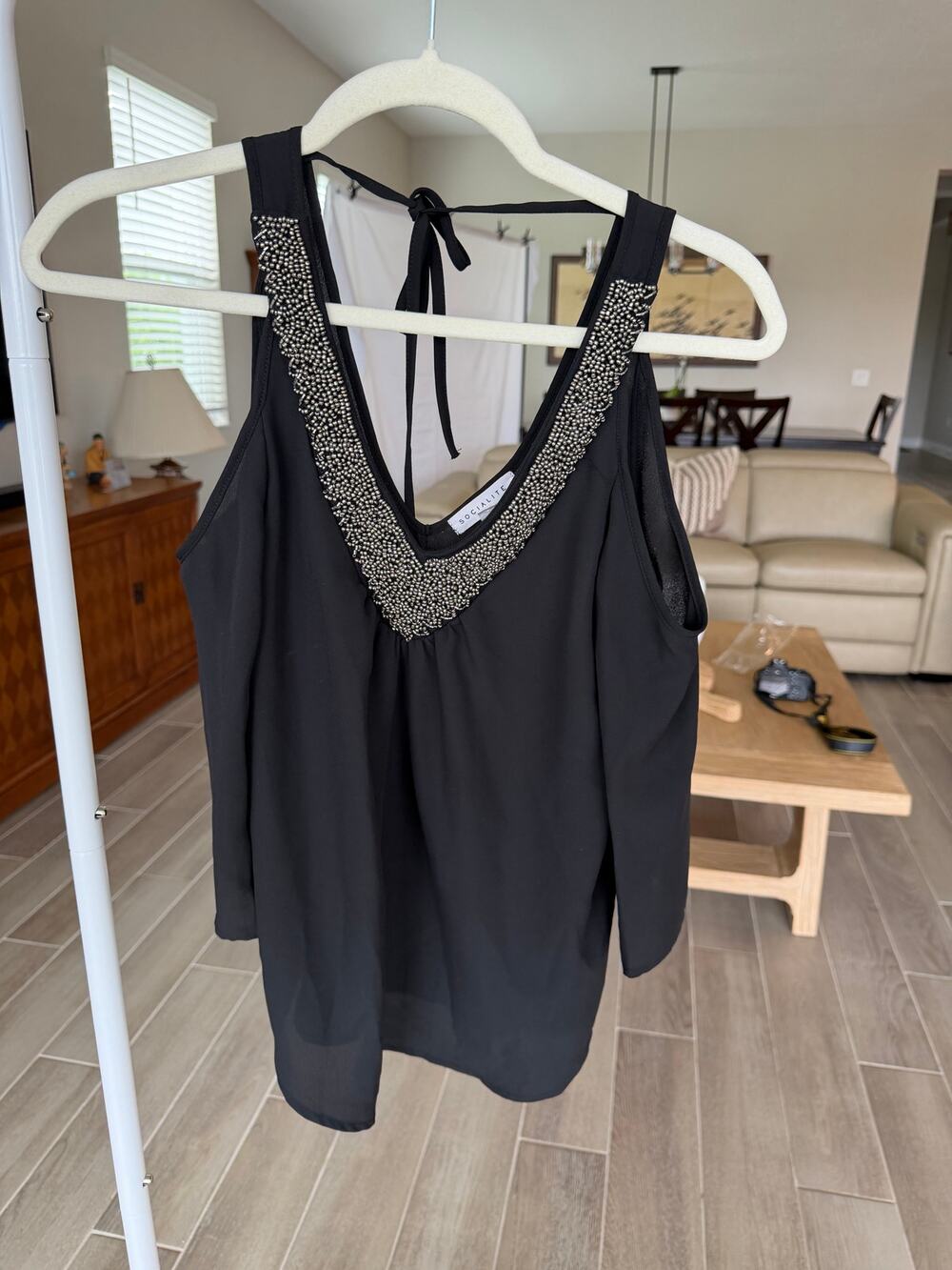 Socialite Black Beaded Neckline Chiffon Tank — Size XS